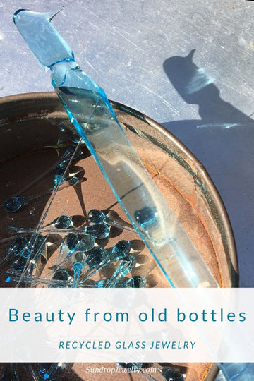 Beauty from old bottles - recycled glass jewelry made from Bombay Sapphire Gin bottles and melted with sunlight