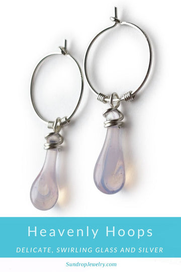 Heavenly hoops: delicate, handmade swirling glass teardrops and small sterling silver hoop earrings