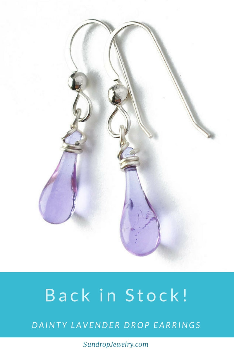 Dainty lavender drop earrings are back in stock at Sundrop Jewelry