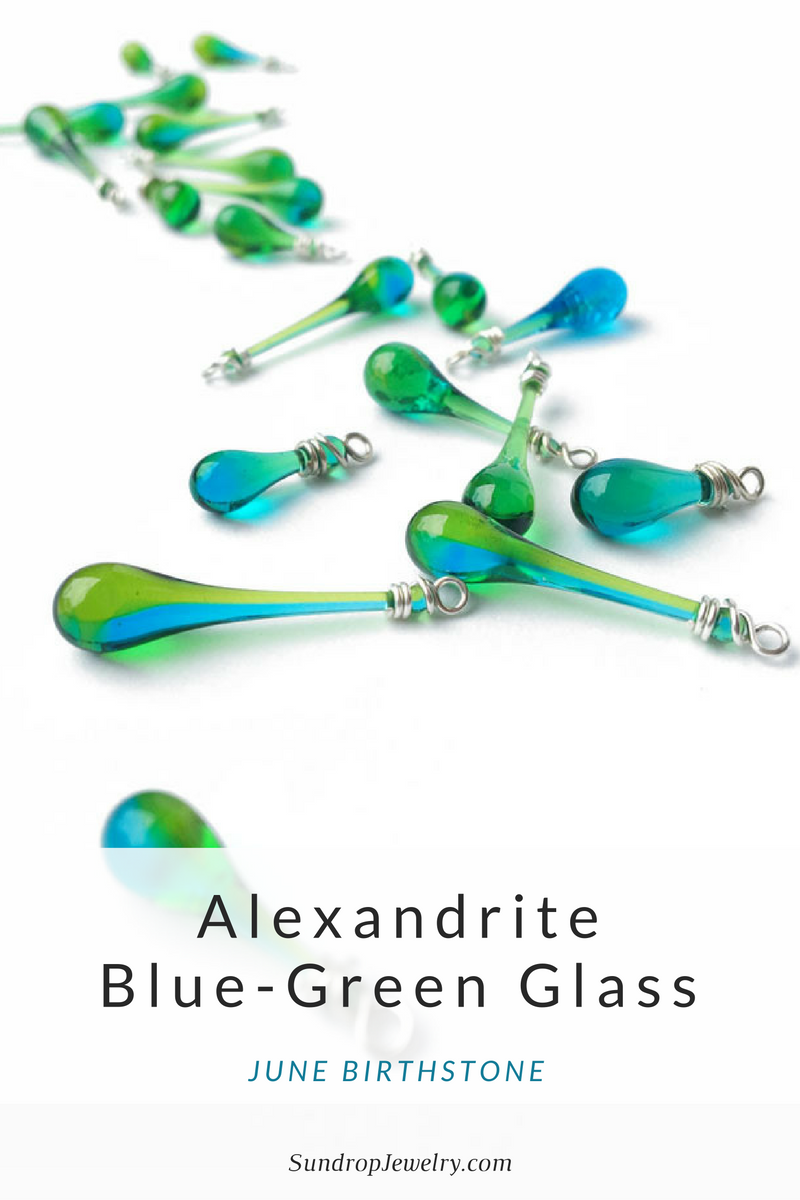 June birthstone: alexandrite colored blue-green glass jewelry