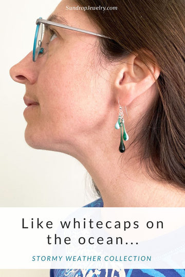 Teal and white glass earrings, part of the new Stormy Weather collection by Sundrop Jewelry