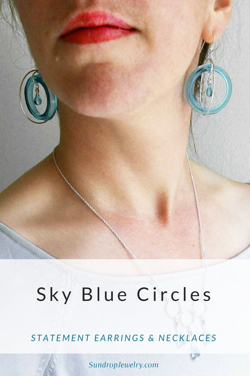 Sky blue circle drop earrings & statement necklaces, by Sundrop Jewelry