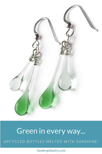 Green glass jewelry made from sun-melted glass ginger ale bottles and Coca-Cola bottles by Sundrop Jewelry