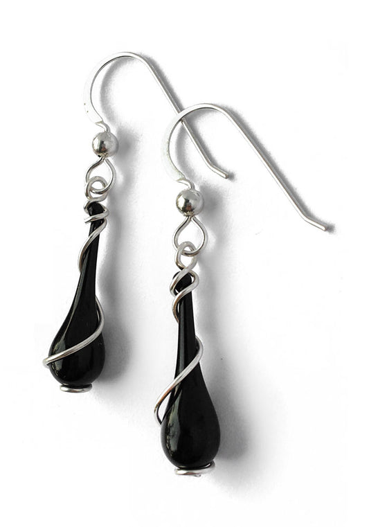 Black Lyra Silver Spiral Earrings - glass Jewelry by Sundrop Jewelry
