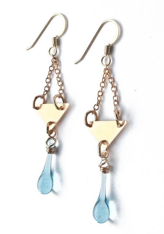 Bronze Dangling Triangle Earrings in Water - glass Earrings by Sundrop Jewelry