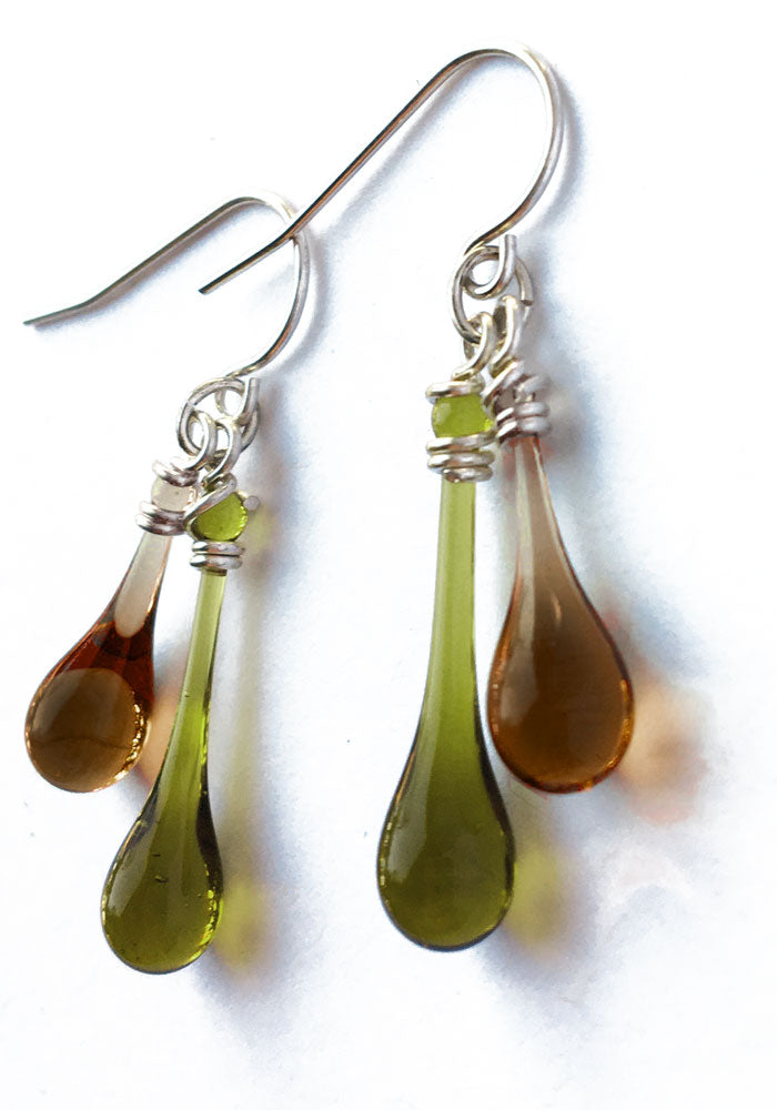 Olive & Brown Duet Earrings - glass Earrings by Sundrop Jewelry